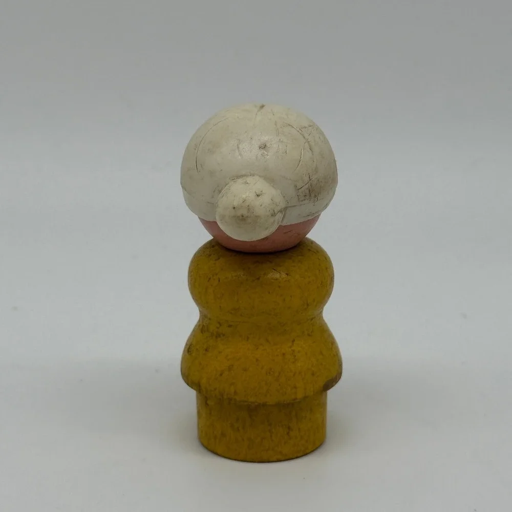 Fisher Price Little People Grandmother Figure All Wood Yellow White Bun Vintage
